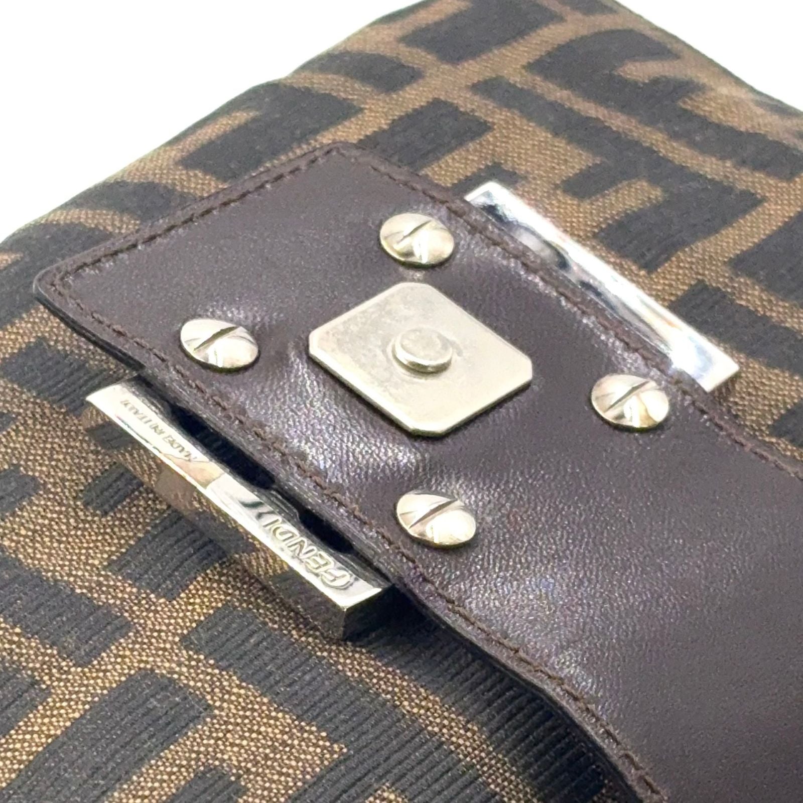 Fendi Zucca Pattern Square Leather Canvas Brown Beige Handbag Silver — view 6
