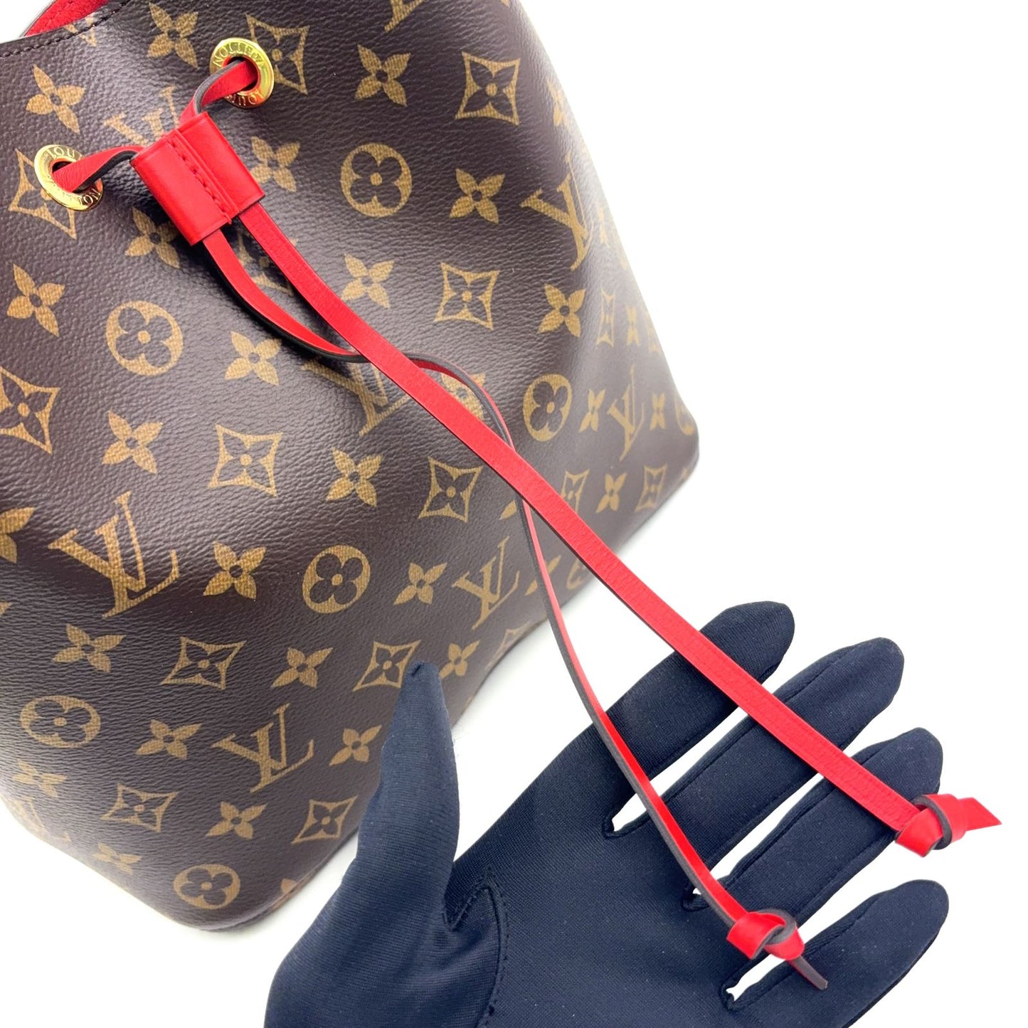 Louis Vuitton Neo Noe Monogram Coquelicot Leather Brown Red Shoulder Bag — view 9