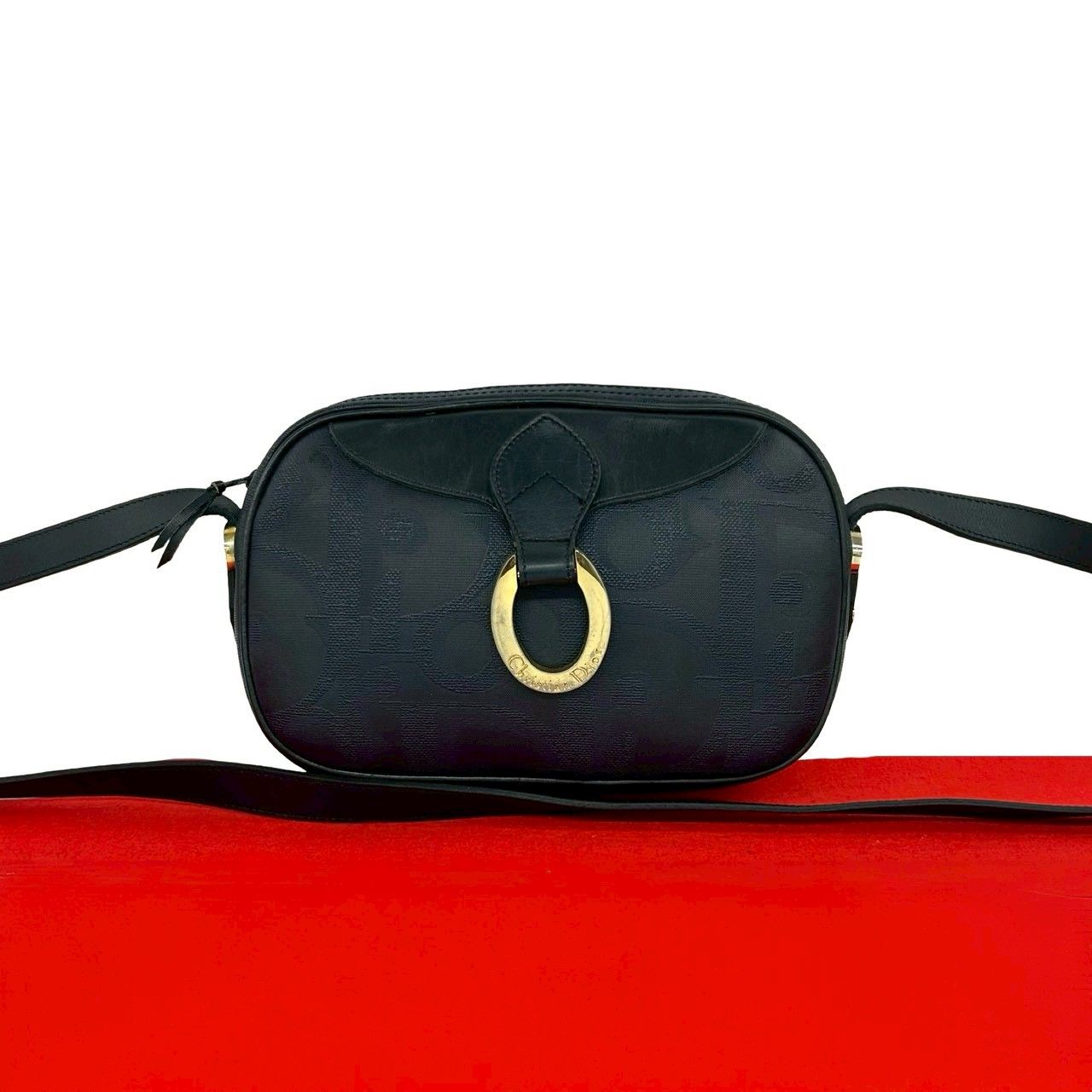 Dior Vintage Trotter Pattern Leather Shoulder Bag Pochette Navy