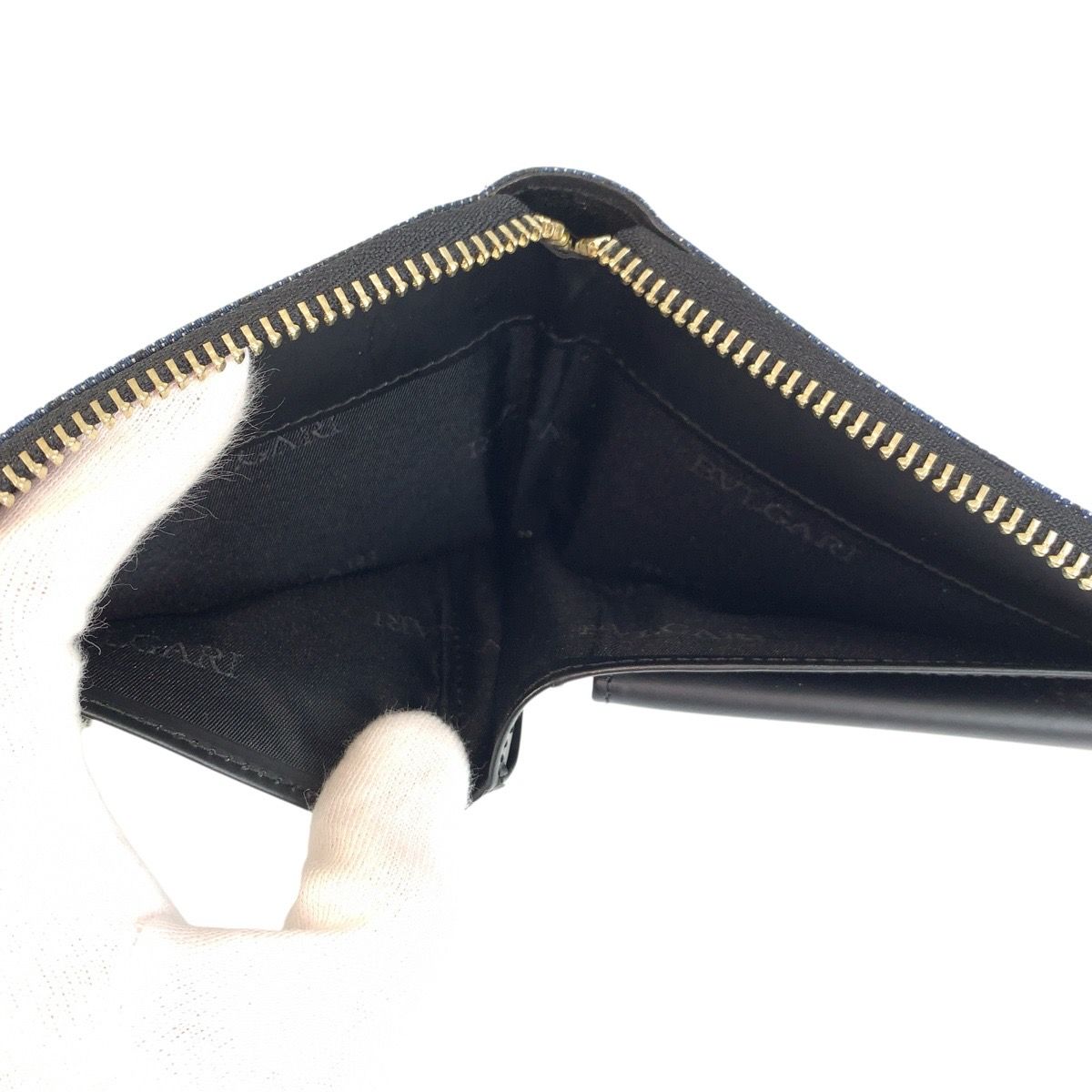 Bvlgari Logo Mania Blue Black Silver Denim Leather Compact Wallet — view 5
