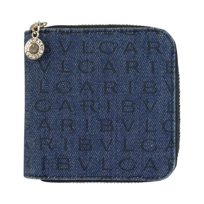 Bvlgari Logo Mania Blue Black Silver Denim Leather Compact Wallet