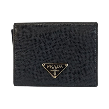 Prada Saffiano Black Silver Leather Card Case Business Holder