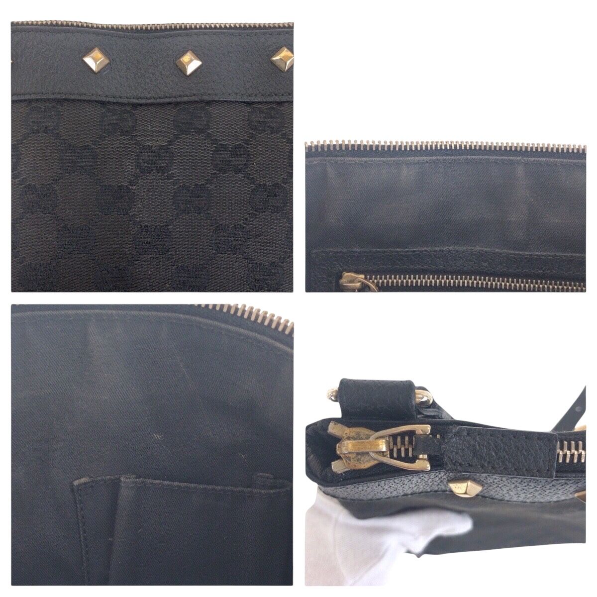 Gucci Studs Black Gold GG Canvas Leather Shoulder Bag Pochette — view 5