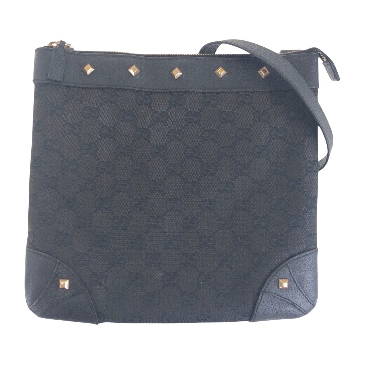 Gucci Studs Black Gold GG Canvas Leather Shoulder Bag Pochette