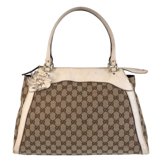 Gucci Trophy Beige Ivory GG Canvas Leather Tote Shoulder Bag