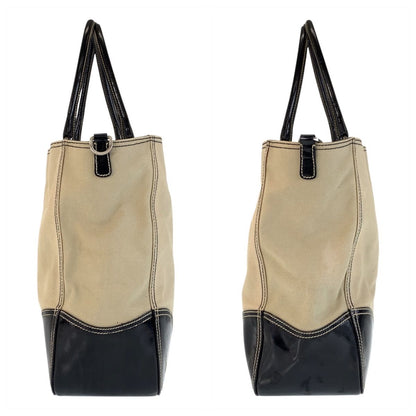 Prada Beige Black Canvas Enamel Tote Shoulder Bag — view 8