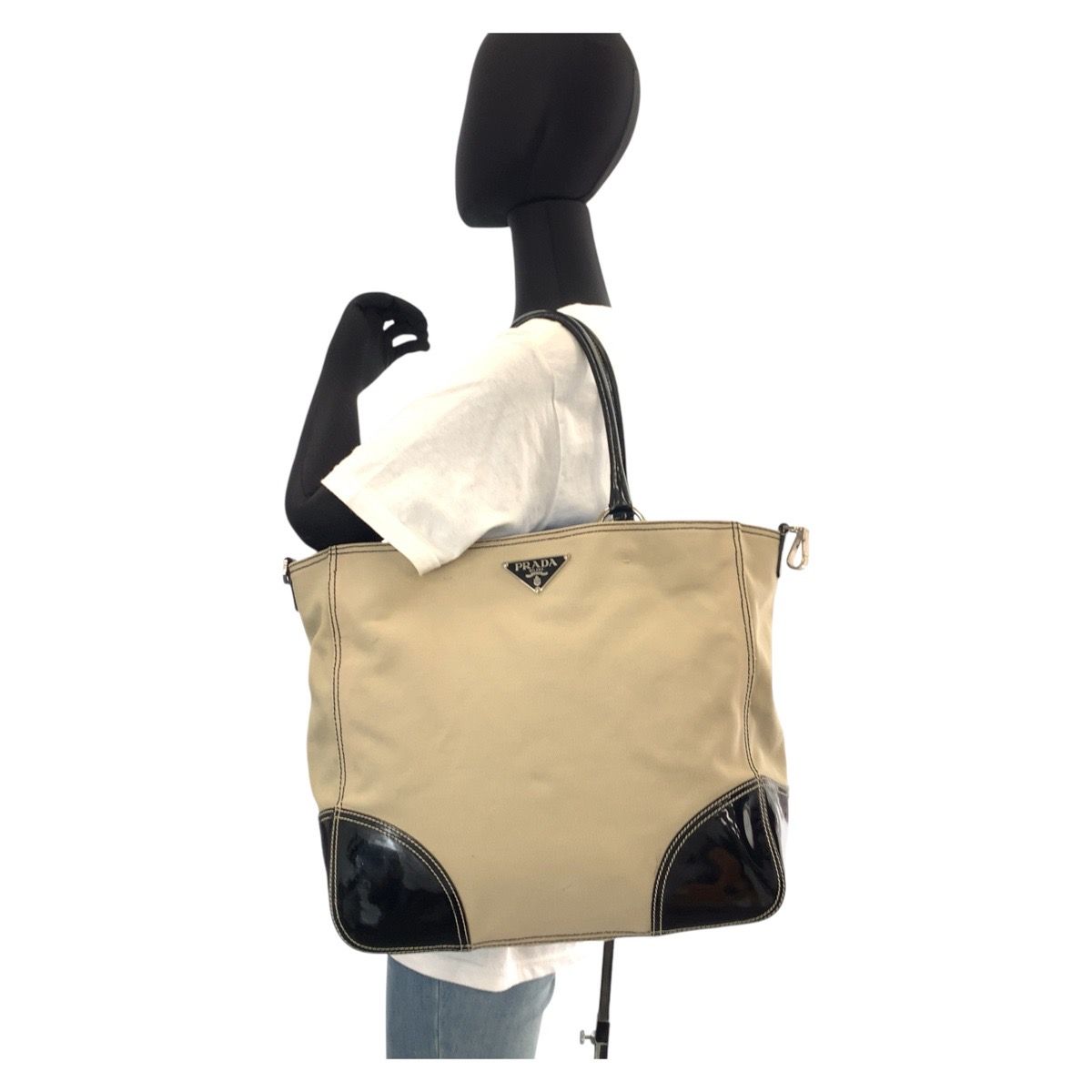Prada Beige Black Canvas Enamel Tote Shoulder Bag — view 7