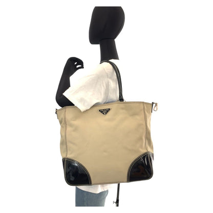 Prada Beige Black Canvas Enamel Tote Shoulder Bag — view 7