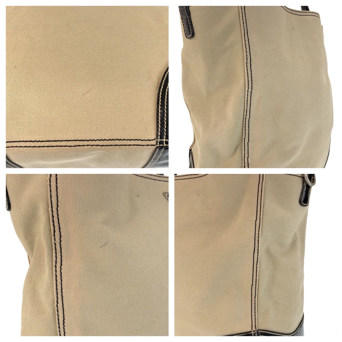 Prada Beige Black Canvas Enamel Tote Shoulder Bag — view 5