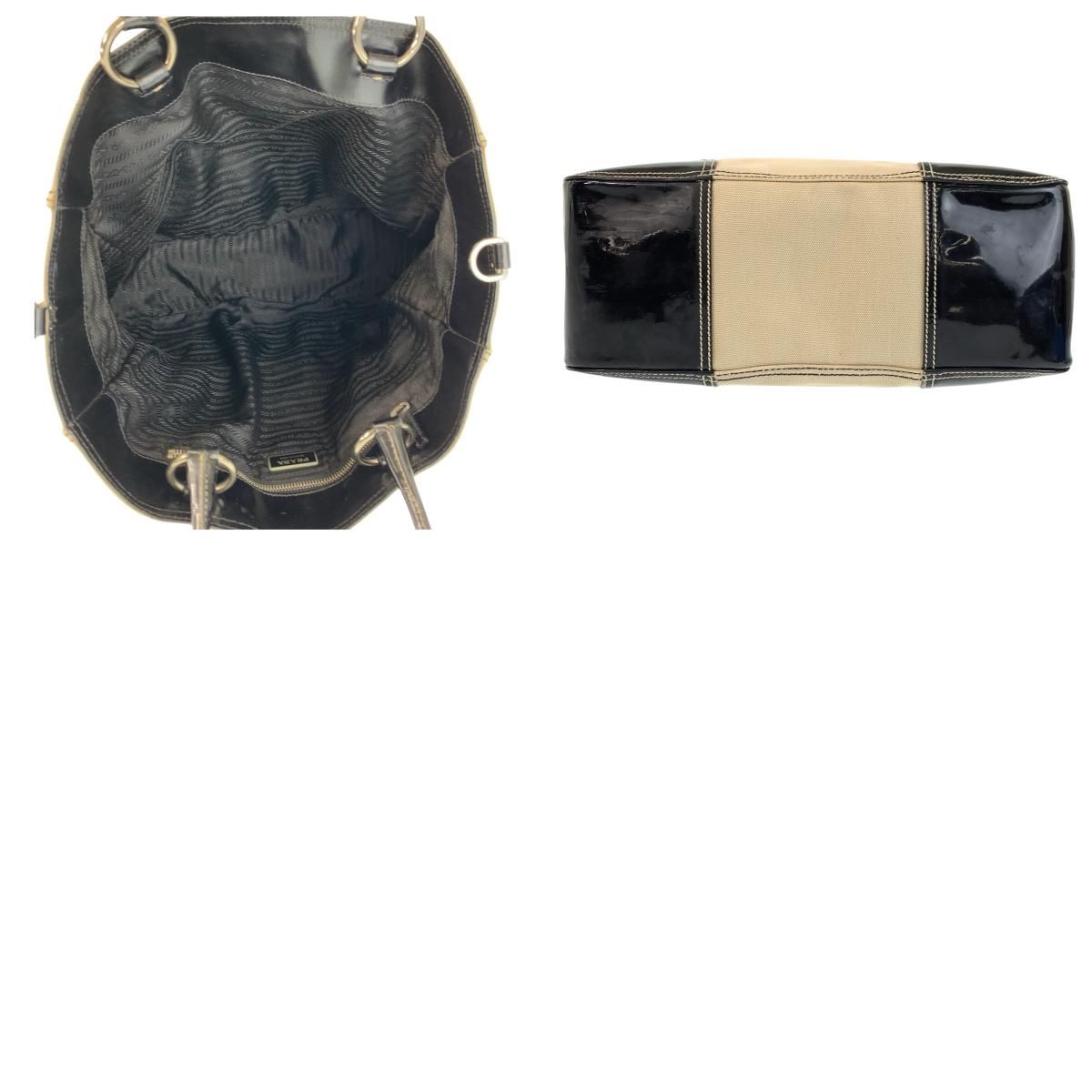 Prada Beige Black Canvas Enamel Tote Shoulder Bag — view 9