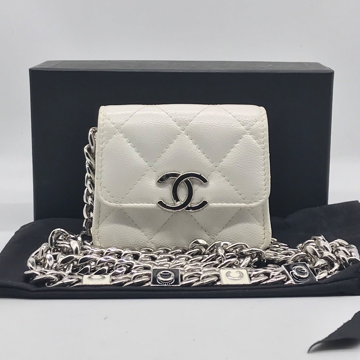 Chanel Caviar Leather Micro Quilted Chain Shoulder Bag White Price Negotiation