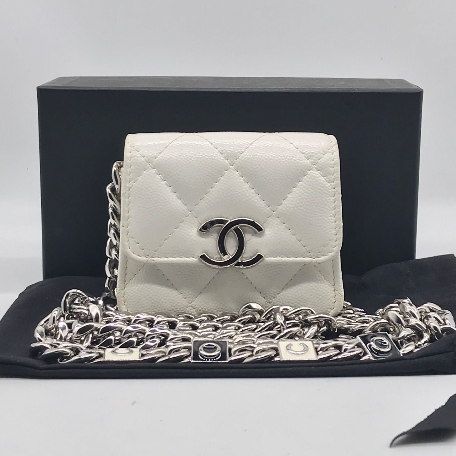 Chanel Caviar Leather Micro Quilted Chain Shoulder Bag White Price Negotiation