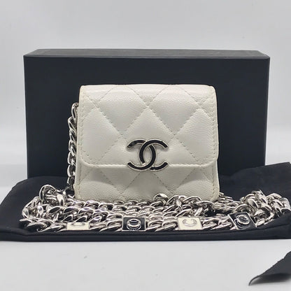 Chanel Caviar Leather Micro Quilted Chain Shoulder Bag White Price Negotiation