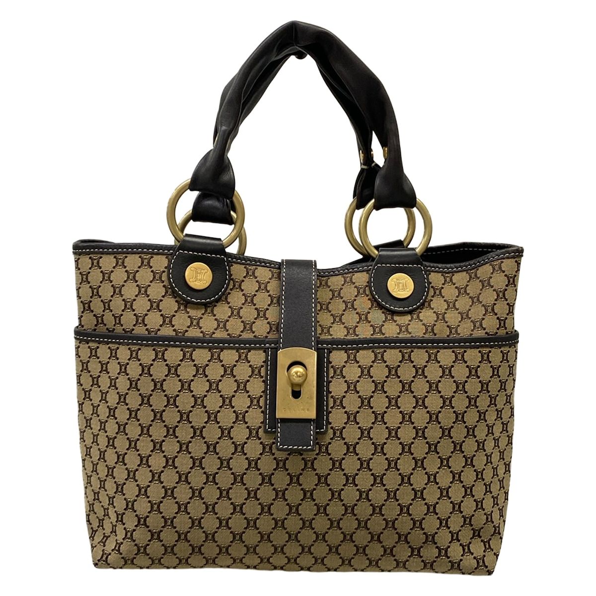 Celine Tote Macadam Pattern Dark Brown Beige Leather