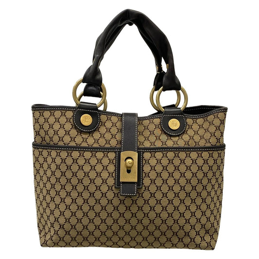 Celine Tote Macadam Pattern Dark Brown Beige Leather