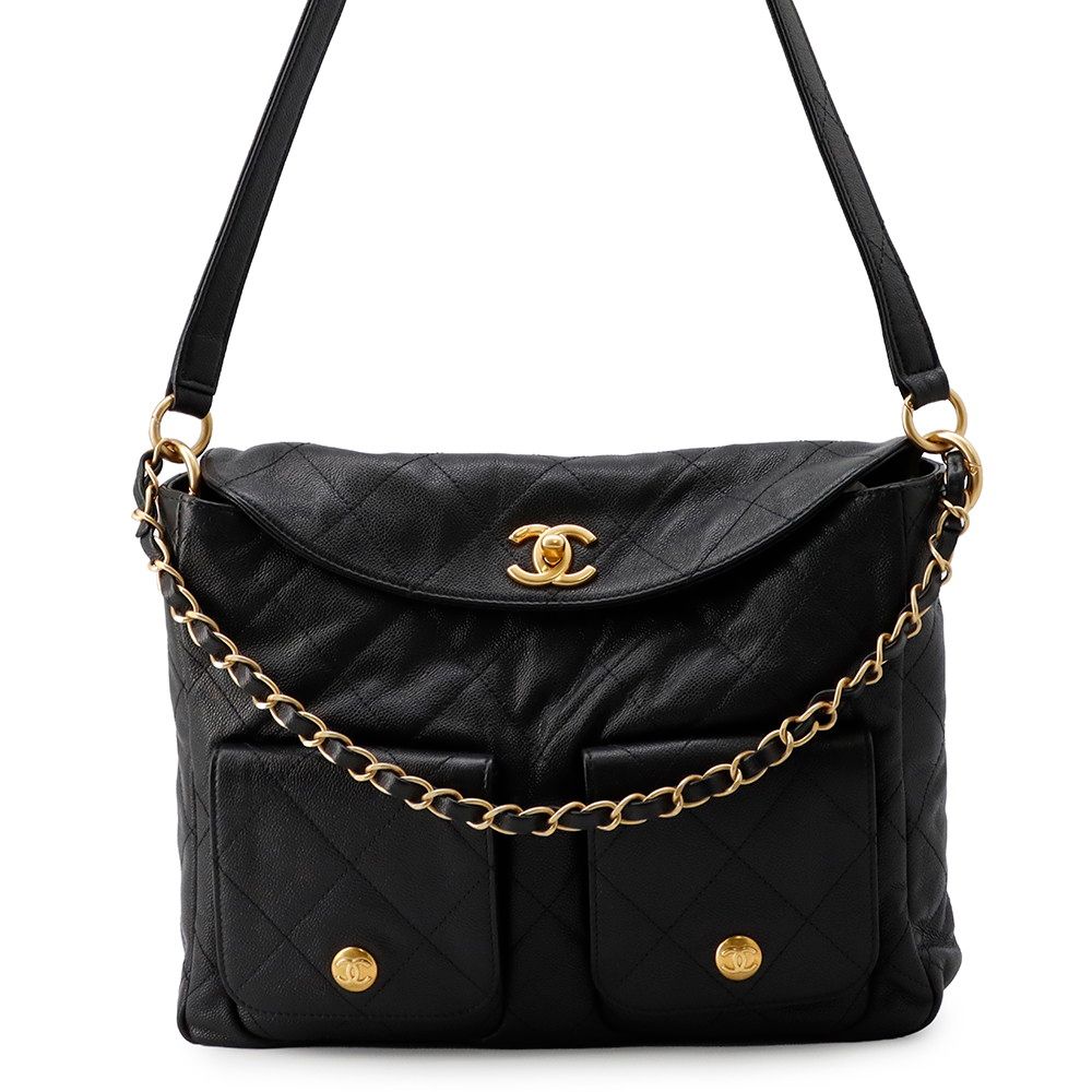 Chanel Shoulder Bag CC Logo Quilted Hobo Caviar Leather 2-Way Black