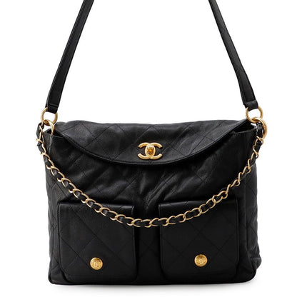 Chanel Shoulder Bag CC Logo Quilted Hobo Caviar Leather 2-Way Black