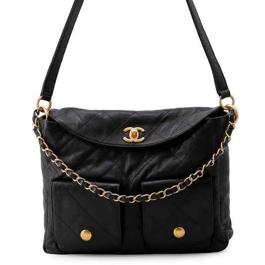 Chanel Shoulder Bag CC Logo Quilted Hobo Caviar Leather 2-Way Black