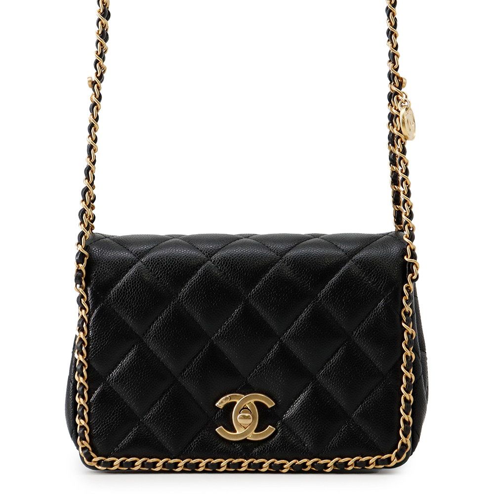 Chanel Chain Shoulder Bag Quilted CC Logo Caviar Leather Black