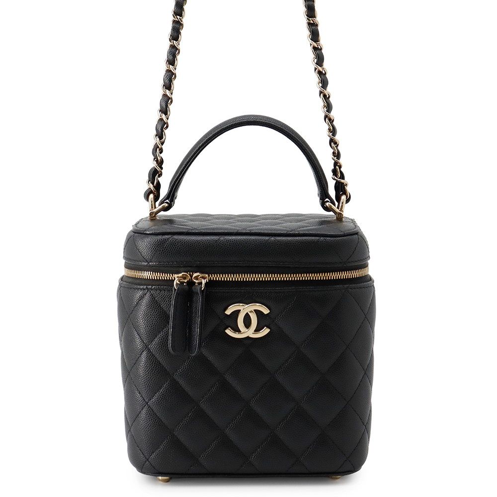 Chanel Chain Shoulder Bag CC Logo Quilted Vanity Caviar Leather Black