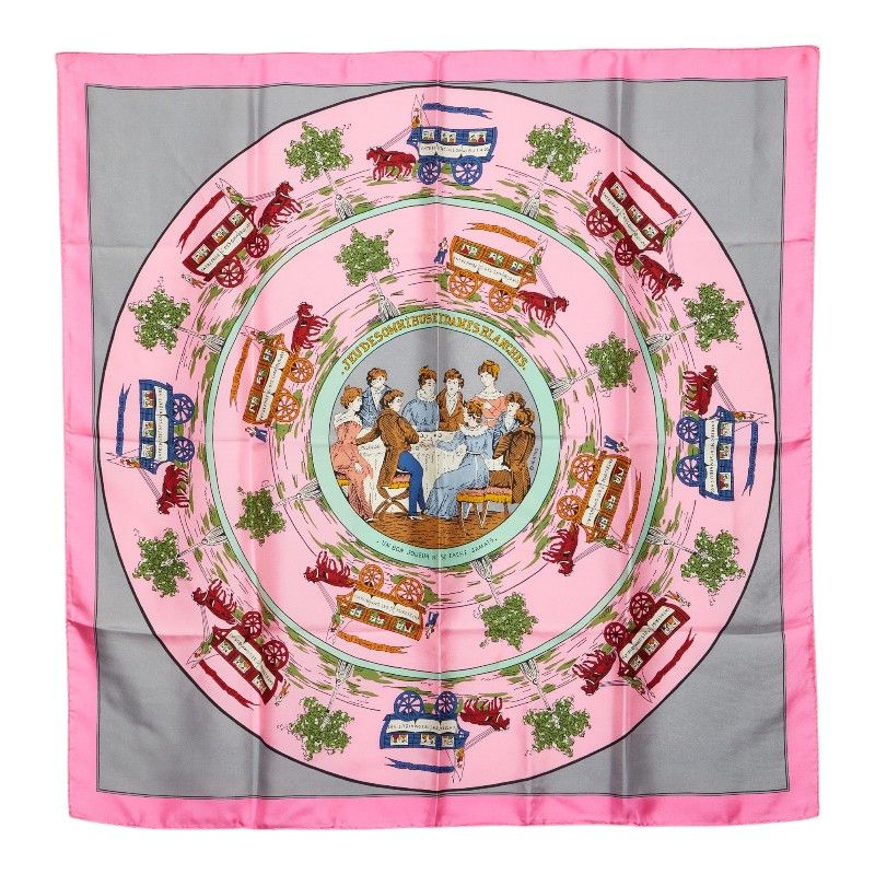 Hermes Carre 90 Jeu Des Omnibus ET Dames Blanches and Game Scarf Pink Silk