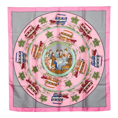 Hermes Carre 90 Jeu Des Omnibus ET Dames Blanches and Game Scarf Pink Silk