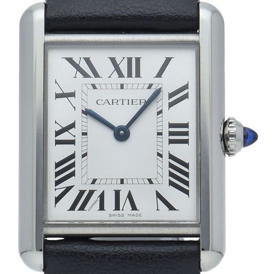 Cartier Tank Mast LM Watch Solar Beat Box SS Leather Silver Polished