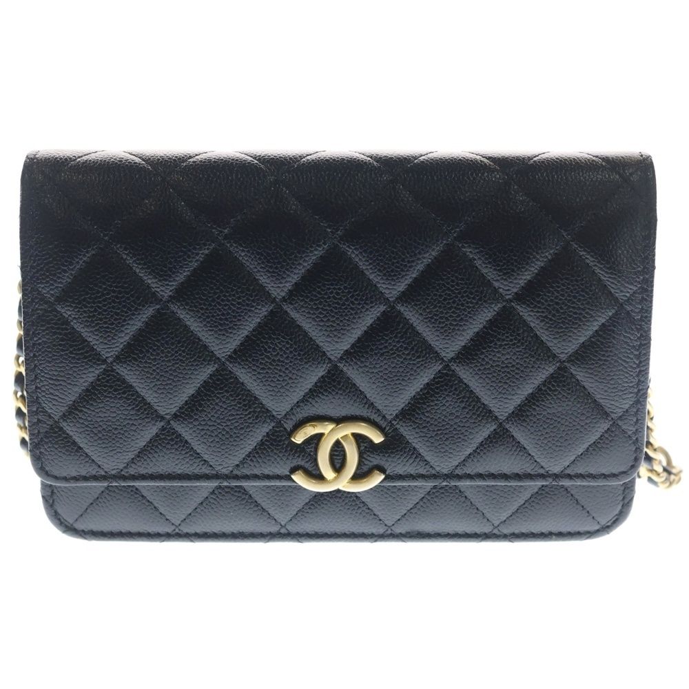 Chanel Quilted Chain Wallet Caviar Leather Shoulder Bag Gold Black Plate