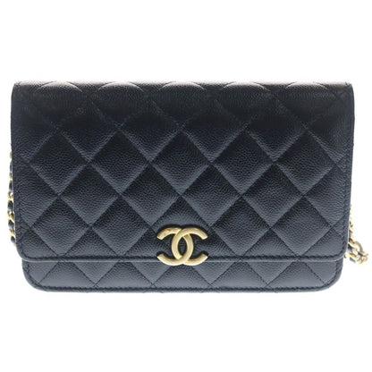 Chanel Quilted Chain Wallet Caviar Leather Shoulder Bag Gold Black Plate