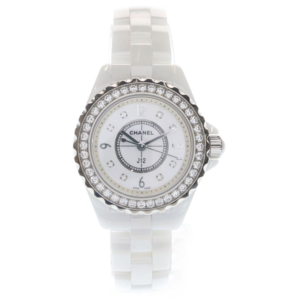 Chanel Shell Dial Bezel Diamond Watch White Line Stone Ce SS Quartz