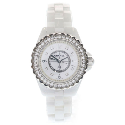 Chanel Shell Dial Bezel Diamond Watch White Line Stone Ce SS Quartz