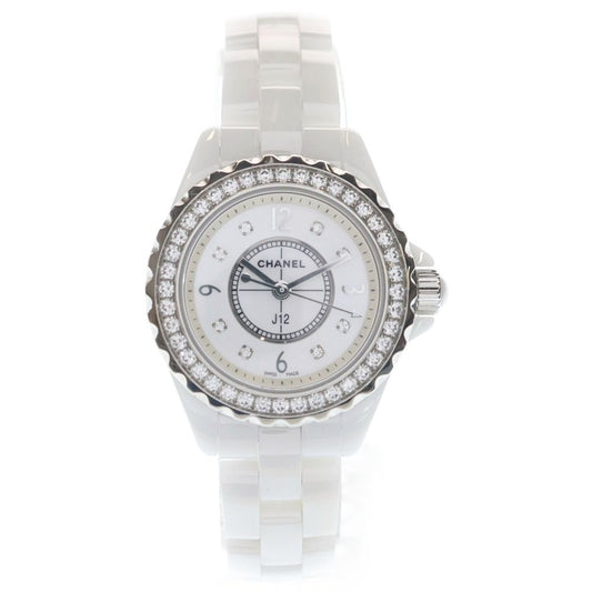 Chanel Shell Dial Bezel Diamond Watch White Line Stone Ce SS Quartz