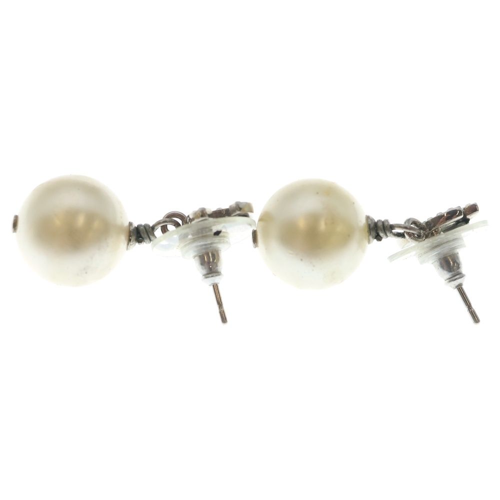 Chanel CC Logo Line Stone Pearl White Earrings Silver — view 3