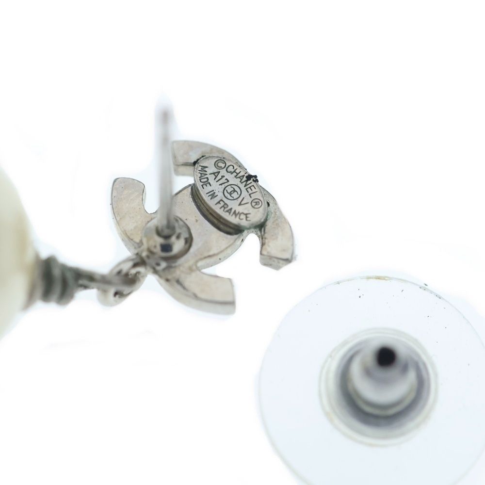 Chanel CC Logo Line Stone Pearl White Earrings Silver — view 5