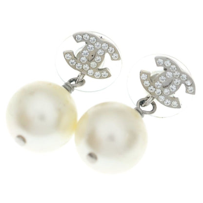 Chanel CC Logo Line Stone Pearl White Earrings Silver