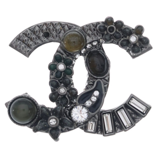 Chanel CC Logo Flower Brooch Pin Badge Metal Resin Line Stone Gunmetal