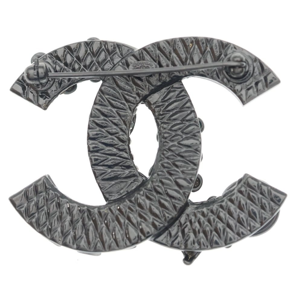 Chanel CC Logo Flower Brooch Pin Badge Metal Resin Line Stone Gunmetal — view 2