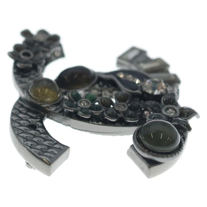 Chanel CC Logo Flower Brooch Pin Badge Metal Resin Line Stone Gunmetal — view 4