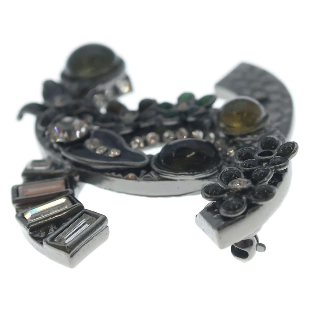 Chanel CC Logo Flower Brooch Pin Badge Metal Resin Line Stone Gunmetal — view 3