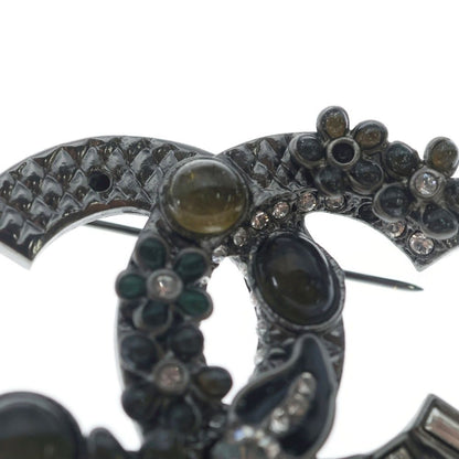 Chanel CC Logo Flower Brooch Pin Badge Metal Resin Line Stone Gunmetal — view 6