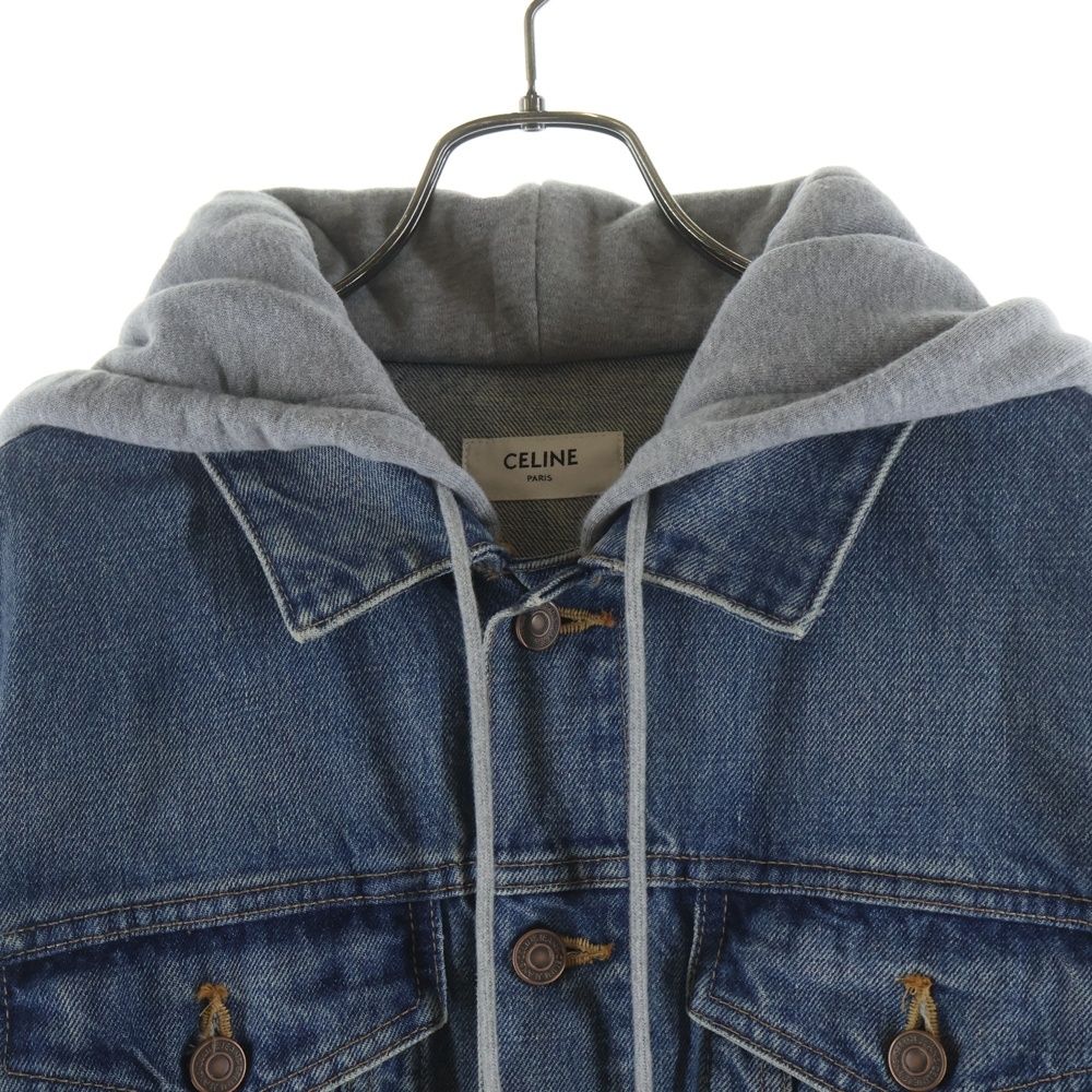 Celine Logo Printed Hood Trucker Denim Jacket Indigo — view 3