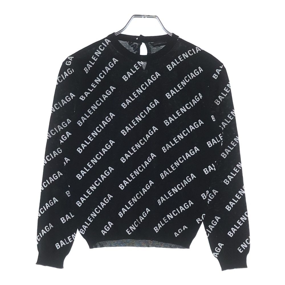 Balenciaga All Over Logo All Print Cotton Knit Top Black Sweater