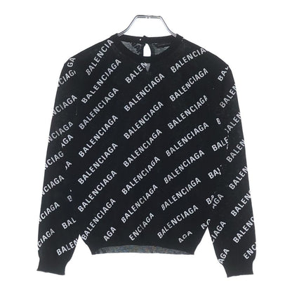 Balenciaga All Over Logo All Print Cotton Knit Top Black Sweater