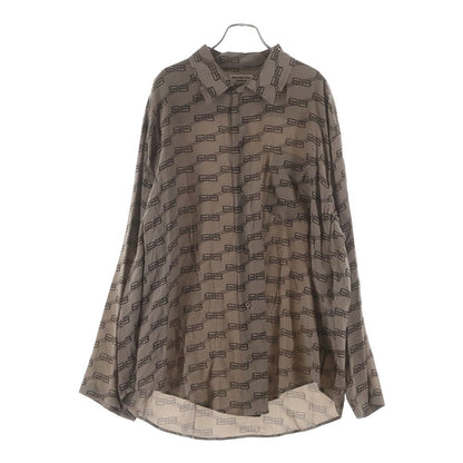 Balenciaga Homewear BB Logo All Over Print Silk Long Sleeve Shirt Brown