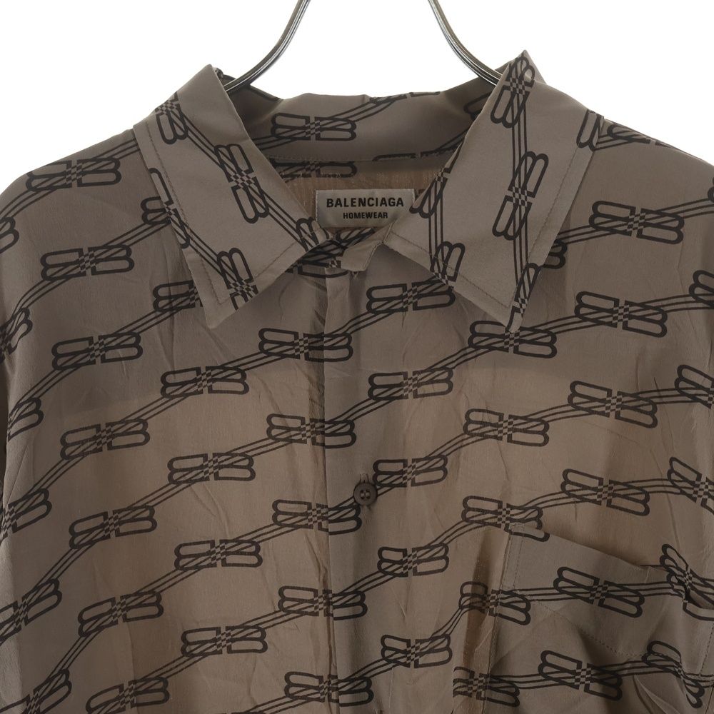 Balenciaga Homewear BB Logo All Over Print Silk Long Sleeve Shirt Brown — view 3