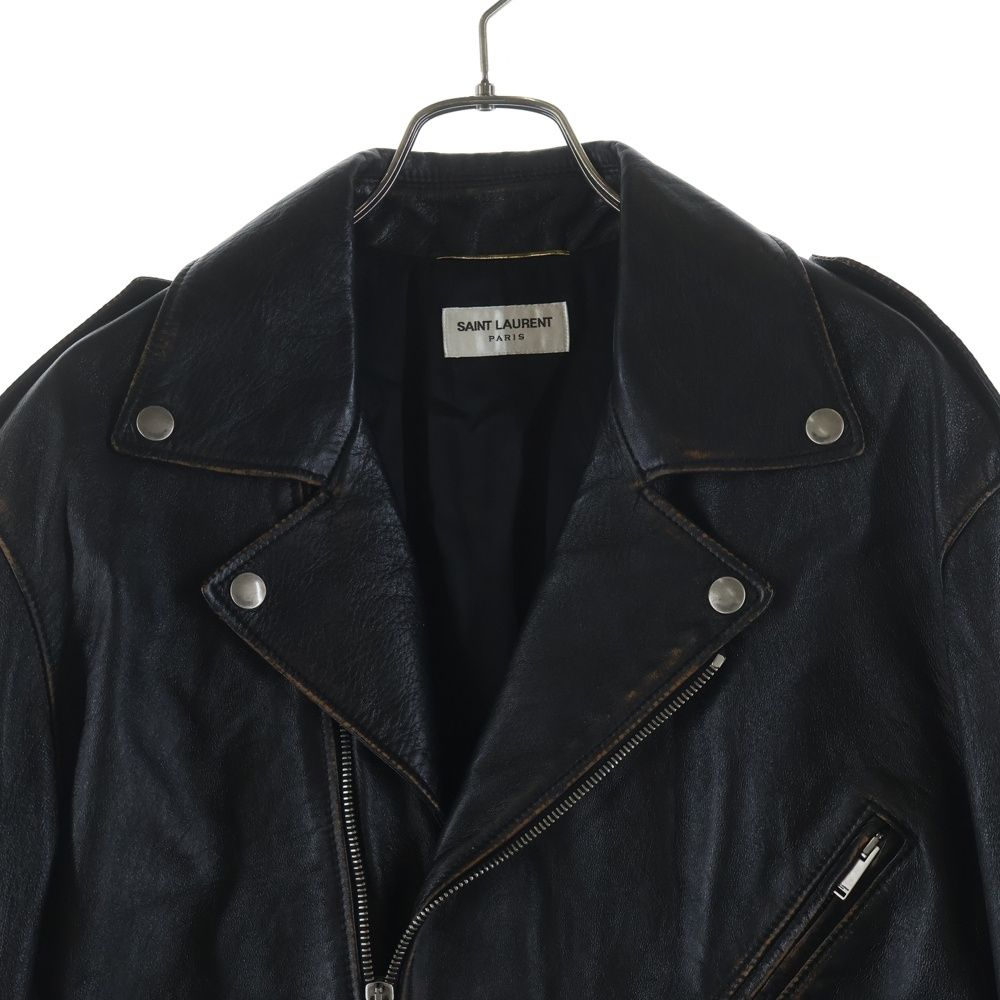 Saint Laurent Paris Distressed Lambskin Double Rider's Jacket Black — view 3