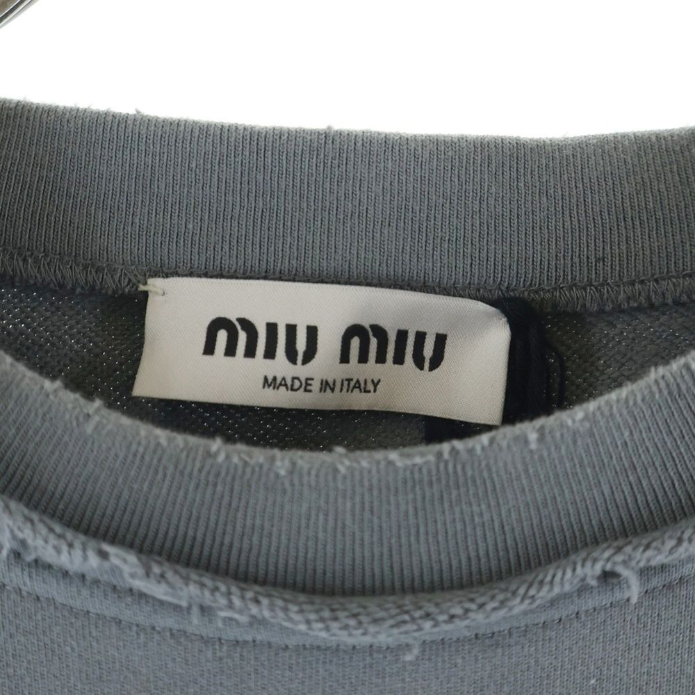 Miu Miu Distressed Short Length Logo Crew Neck Sweatshirt Gray — view 6