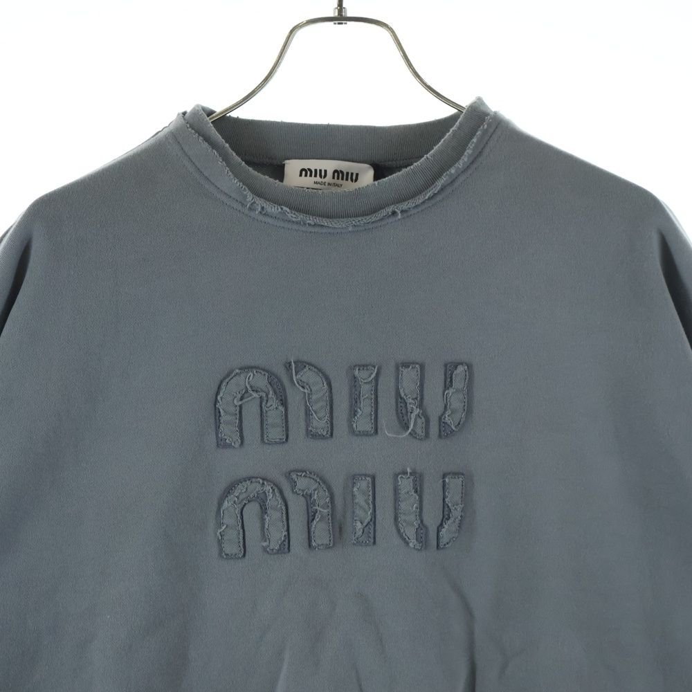 Miu Miu Distressed Short Length Logo Crew Neck Sweatshirt Gray — view 3