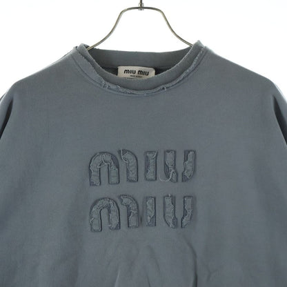 Miu Miu Distressed Short Length Logo Crew Neck Sweatshirt Gray — view 3