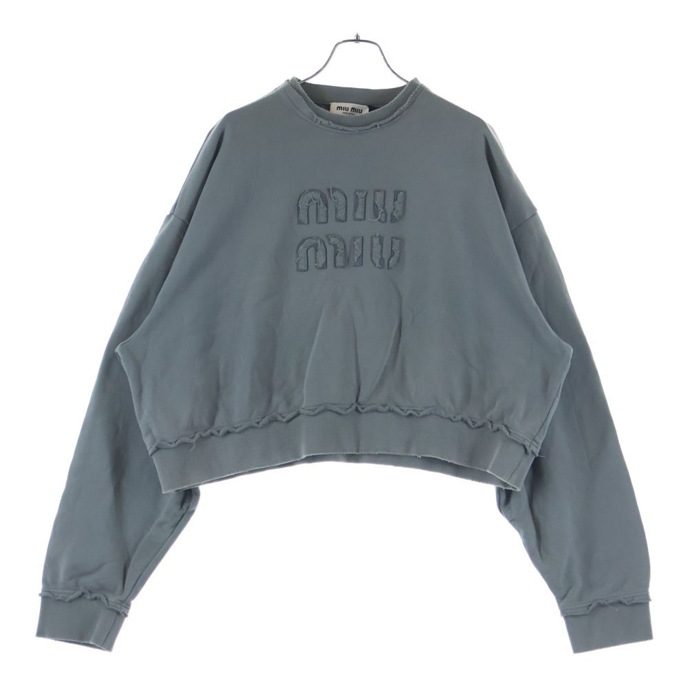 Miu Miu Distressed Short Length Logo Crew Neck Sweatshirt Gray